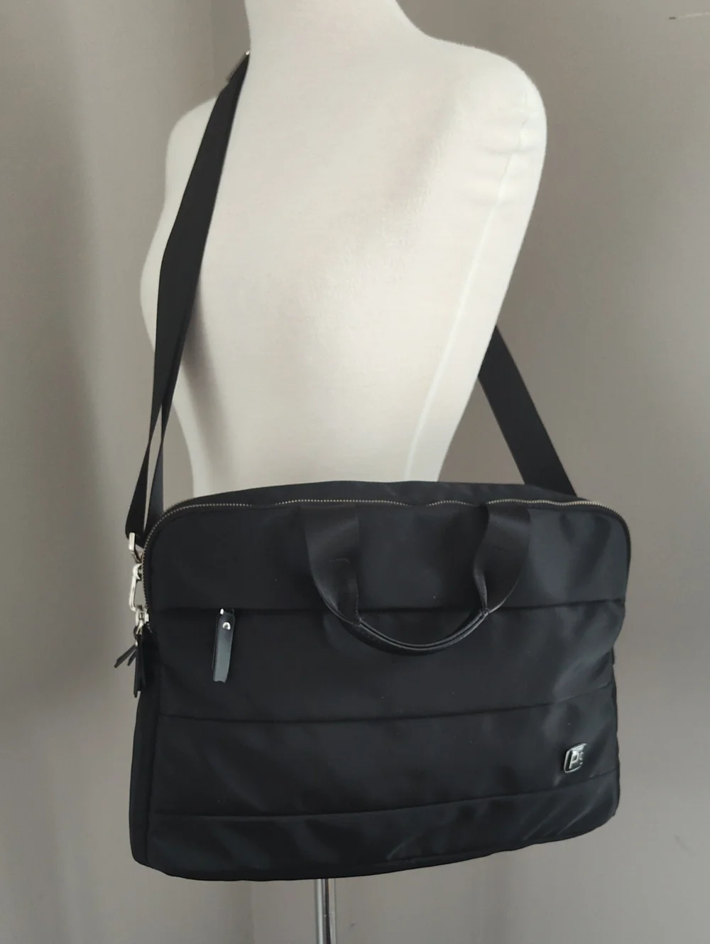 Pt Men's Black Nylon Laptop Briefcase with Shoulder Strap And Luggage Connector